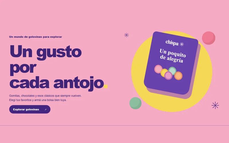 Portada rosa de Chispa con una bolsa violeta de golosinas ilustradas y el título Un gusto por cada antojo.