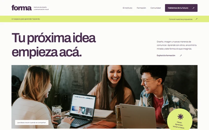 Portada de Instituto Forma con el título Tu próxima idea empieza acá y fotografía de aprendizaje colaborativo.